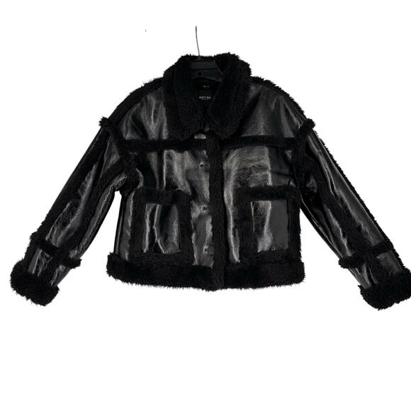 Nasty Gal Aviator Jacket Faux Fur Trim Shiny Black Modern Boxy Size 6 Womens - Picture 3 of 12